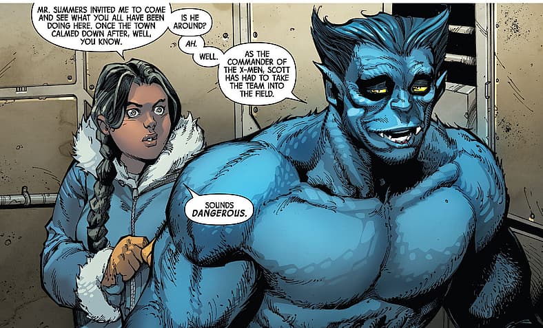 Beast gives Chief Robbins a tour of the team's new base in X-Men Vol. 7 #1 "Fire-Baptized Species"