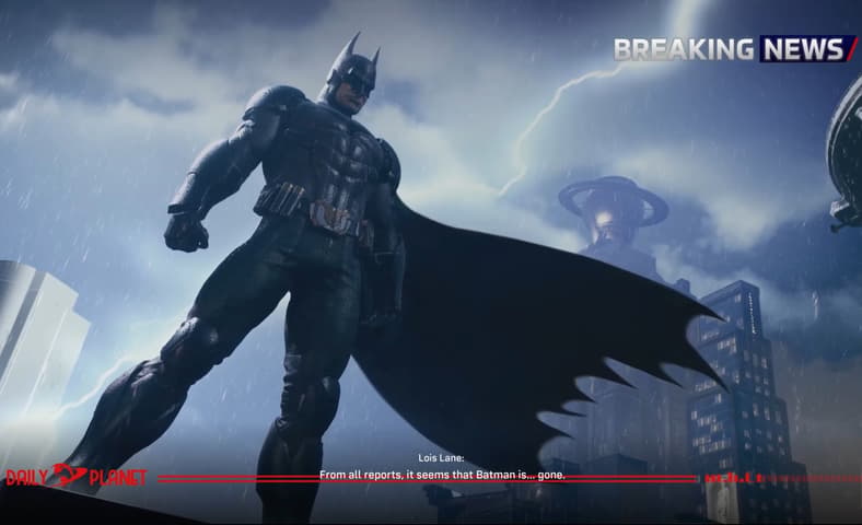 Lois Lane (Paige Brewster) reports on Batman's (Kevin Conroy) death in Suicide Squad: Kill the