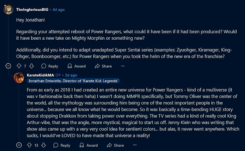 'Karate Kid: Legends' Director Jonathan Entwistle opens up about his work on Netflix's cancelled YA 'Power Rangers' reboot.