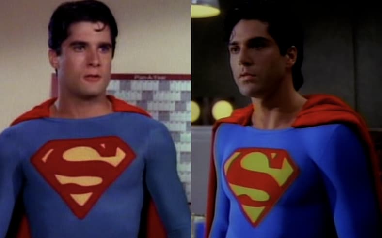 Superboy (John Haymes Newton) puts out a laboratory fire in Superboy Season 1 Episode 4 "The Russian Exchange Student" (1989), Cantharus Productions / Superboy (Gerard Christopher) comes face to face with The Old Vampire (Lloyd Bochner) in Superboy Season 2 Episode 4 "Young Dracula" (1989), Cantharus Productions