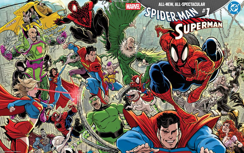The Superfamily joins the web-slinger and his Web Warriors on Kaare Andrew's foil variant cover to Spider-Man/Superman Vol. 1 #1 (2026), Marvel Comics/DC