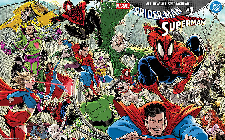 The Superfamily joins the web-slinger and his Web Warriors on Kaare Andrew's foil variant cover to Spider-Man/Superman Vol. 1 #1 (2026), Marvel Comics/DC
