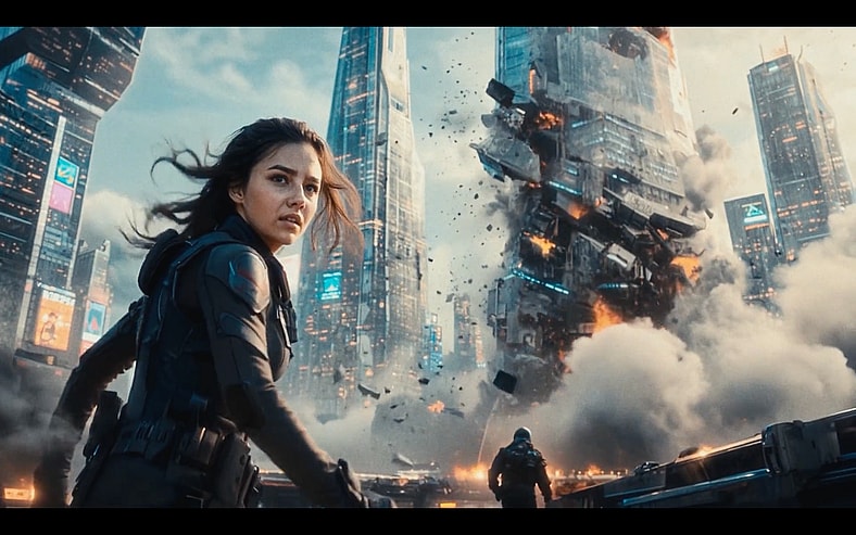 AI product 'Tilly Norwood' in a futuristic sci-fi film via Particle6