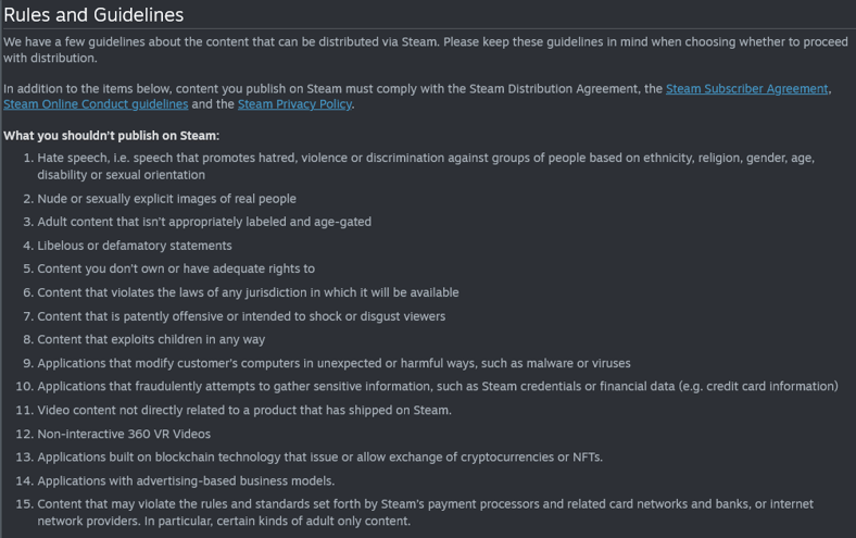 Valve's 15 Rules and Guidelines for their Steamworks program, as updated on July 16th, 2025