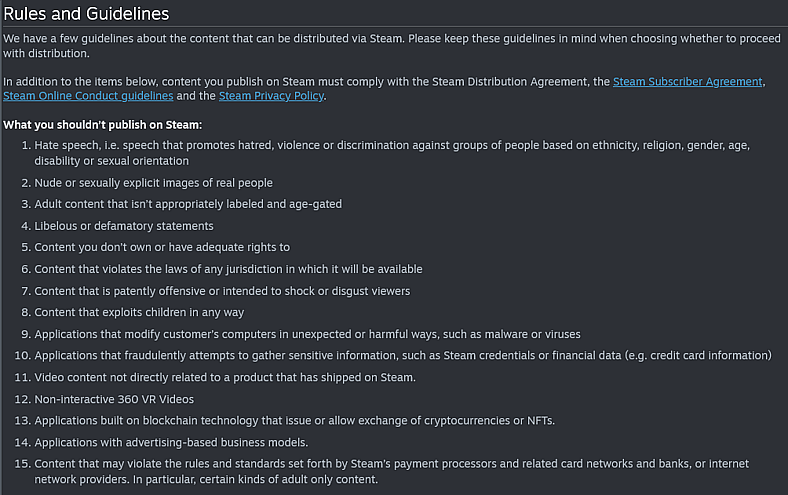 Valve's 15 Rules and Guidelines for their Steamworks program, as updated on July 16th, 2025