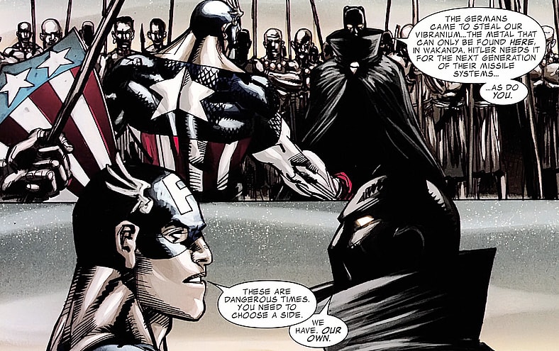 Captain America makes a plea to the King of Wakanda in Black Panther/Captain America: Flags of Our Fathers Vol. 1 #1 "Part I" (2010), Marvel Comics. WOrds by Reginald Hudlin, art by Denys Cowan, Klaus Janson, Pete Pantazis, and Joe Sabino.
