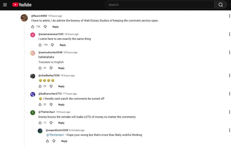 Negative fan comments on the first trailer of Disney's live-action Moana, 2026, via YouTube
