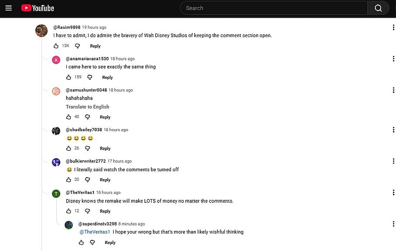 Negative fan comments on the first trailer of Disney's live-action Moana, 2026, via YouTube