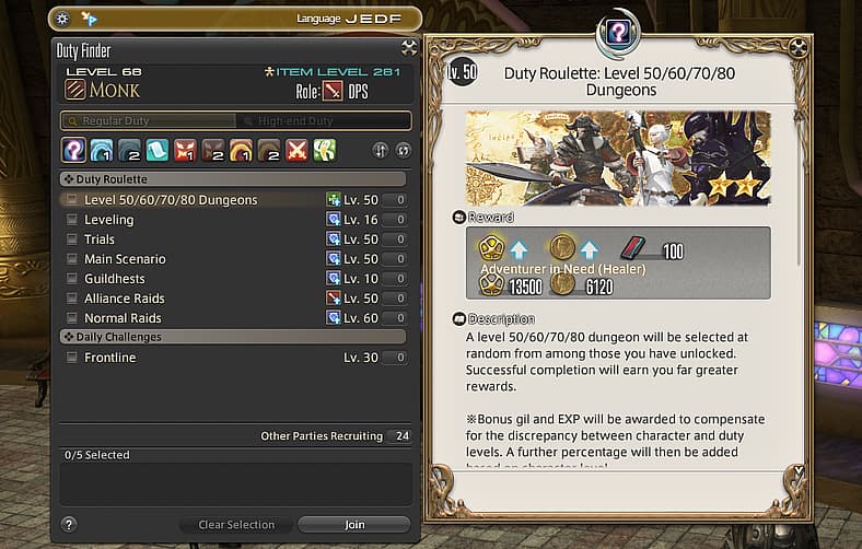 The Duty Finder menu in Final Fantasy XIV: Endwalker (2021), Square Enix