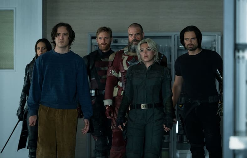 (L-R) Ghost (Hannah John-Kamen), Bob (Lewis Pullman), John Walker (Wyatt Russell), Alexei Shostakov/Red Guardian (David Harbour), Yelena Belova (Florence Pugh) and Bucky Barnes (Sebastian Stan)in Marvel Studios' THUNDERBOLTS*. Photo by Chuck Zlotnick. © 2025 MARVEL.