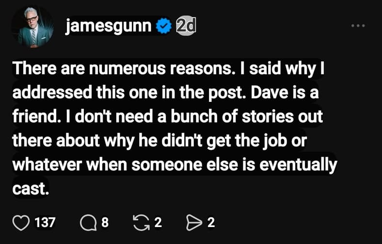 Gunn (@jamesgunn) has his reasons on Threads