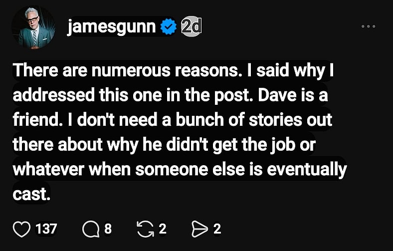Gunn (@jamesgunn) has his reasons on Threads