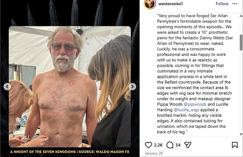 Dann Webb in a BTS photo being fitted with a prosthetic for A Knight of the Seven Kingdoms, 2026, HBO