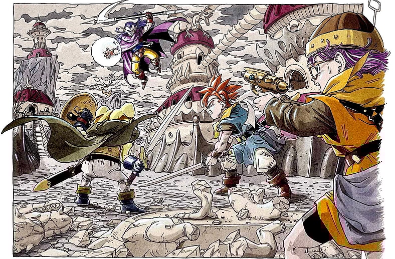 Chrono and crew take on Magus in Akira Toriyama's key art for Chrono Trigger (1995), Square