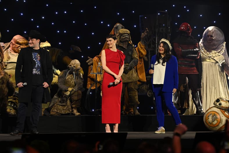 Dave Filoni, Daisy Ridley and Sharmeen Obaid-Chinoy onstage at Star Wars Celebration 2023