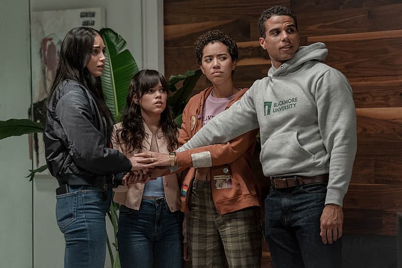 Melissa Barrera, Jenna Ortega, Jasmin Savoy Brown and Mason Gooding star in Scream VI