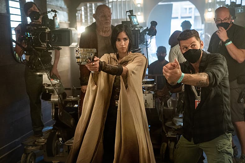 Sofia Boutella as Kora and Director Zack Snyder on set of Rebel Moon, Netflix