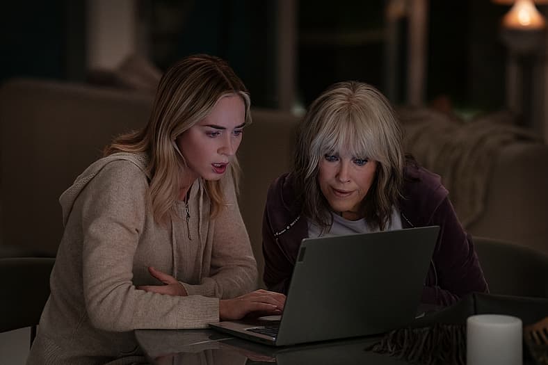 Emily Blunt as Liza and Catherine O'Hara as Jackie in Pain Hustlers, Netflix