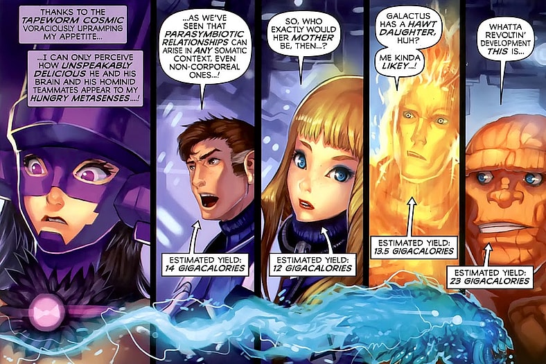 Galacta can't help but calculate the Fantastic Four's respective calorie counts in Galacta: Daughter of Galactus Vol. 1 #1 (2010), Marvel Comics. Words by Adam Warren, art by Hector Sevilla Lujan and Simon Bowland.