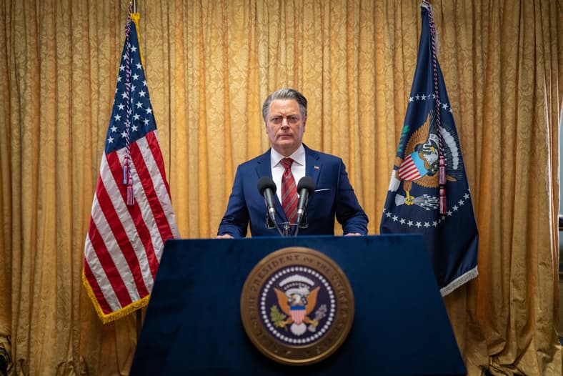 Nick Offerman as The President in Alex Garland's Civil War. Credit: Murray Close.
