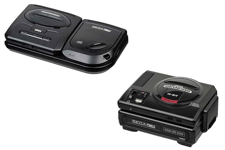 Model 2 Sega CD attached to Model 2 Genesis; Original Sega Genesis with original Sega CD