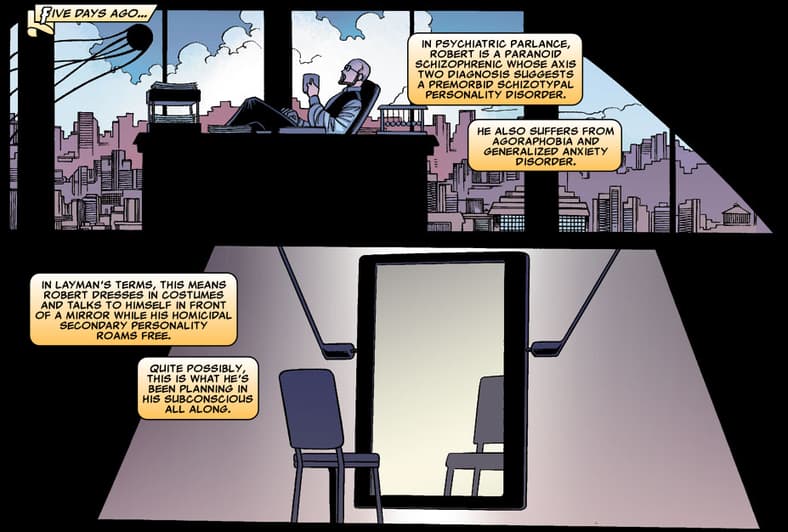 Dr. Worth recounts his recent discovery regarding The Void's identity in Sentry Vol. 2 #5 (2006), Marvel Comics. Words by Paul Jenkins, art by John Romita Jr., Mark Morales, Dean White, and Rus Wooton.