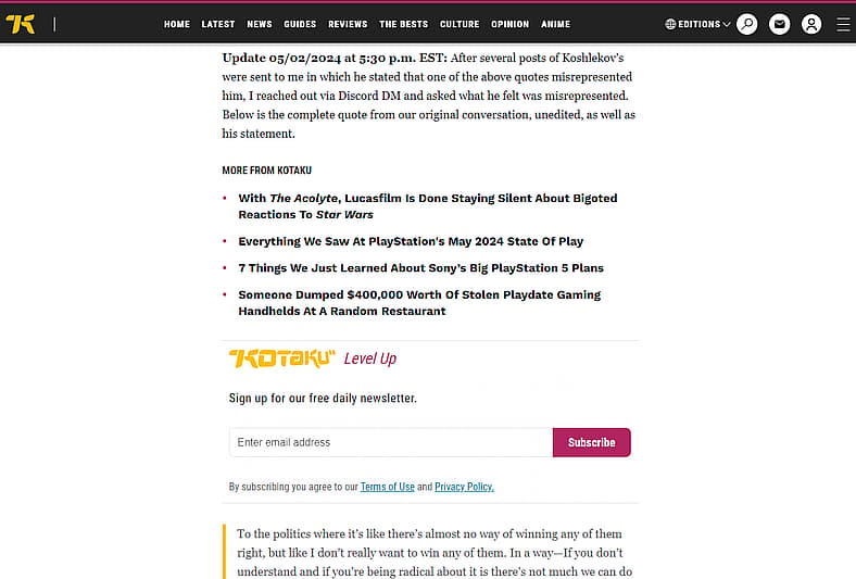 Alyssa Mercante begrudgingly updates her interview with Alex Koshlekov on Kotaku
