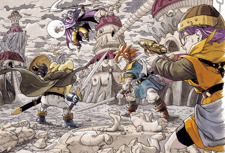 Chrono, Frog, and Ayla find themselves on the back foot against Magus in Akira Toriyama's key art for Chrono Trigger (1995), Square ('Final Fantasy')