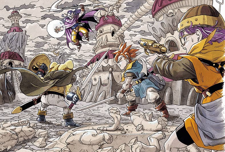 Chrono, Frog, and Ayla on back foot against Magus in Akira Toriyama key art for Chrono Trigger