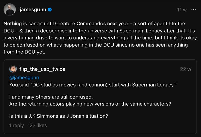 James Gunn discusses DCU canon status, Creature Commandos, and Superman: Legacy on Threads