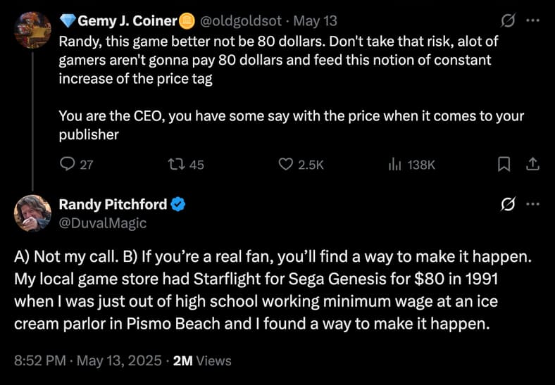 Randy Pitchford responds to user complaining about The Outer Worlds 2 potential $80 price tag.