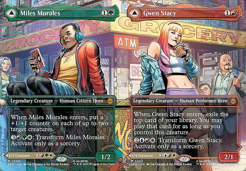 Miles Morales and Gwen Stacy take a breather in Magic: The Gathering - Marvel's Spider-Man (2025), Wizards of the Coast.