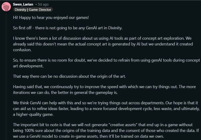 Swen Vincke insists Divinity will not use AI for concept art or other creative assets