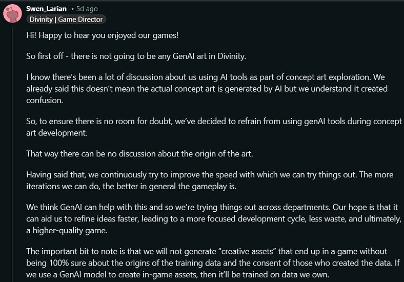 Swen Vincke insists Divinity will not use AI for concept art or other creative assets
