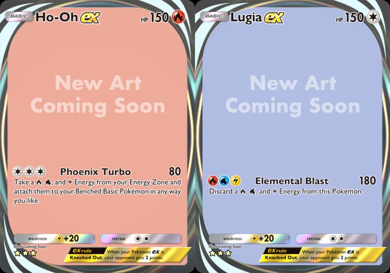 The temporary placeholder artworks for Ho-Oh EX (Card #240), Pokémon Trading Card Game Pocket Wisdom of Sea and Sky (2025), Nintendo / Lugia EX (Card #211), Pokémon Trading Card Game Pocket - Wisdom of Sea and Sky (2025), Nintendo