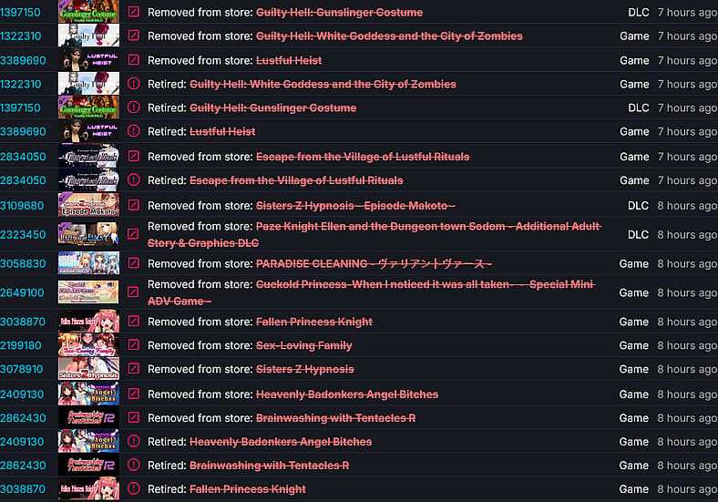 A partial list of the games removed from Steam a result of Valve's new credit card-based guidelines.