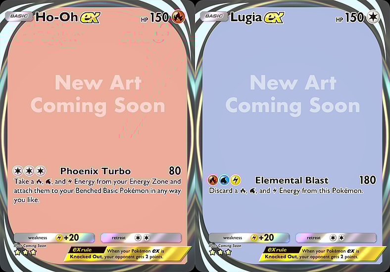The temporary placeholder artworks for Ho-Oh EX (Card #240), Pokémon Trading Card Game Pocket Wisdom of Sea and Sky (2025), Nintendo / Lugia EX (Card #211), Pokémon Trading Card Game Pocket - Wisdom of Sea and Sky (2025), Nintendo