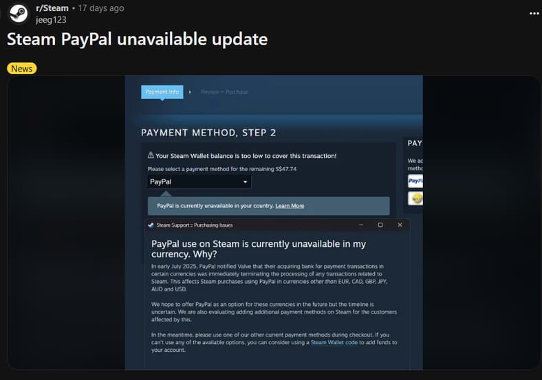 Steam explains why PayPal is unavailable to some, via jeeg123 on Reddit