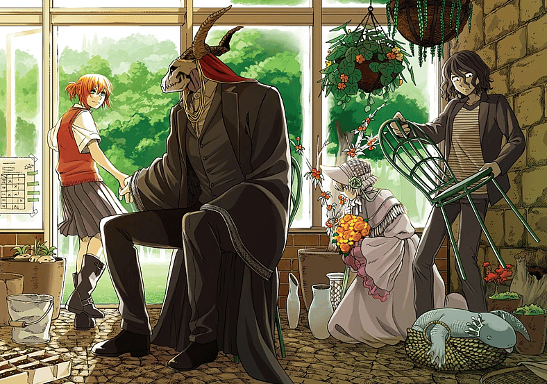 Chise, Elias, Silver Lady, and Ruth enjoy spring on The Ancient Magus' Bride Vol. 9 cover, Mag