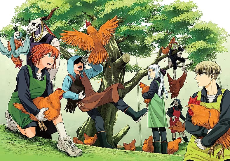 Chise and crew try poultry farming on The Ancient Magus' Bride Vol. 15 cover (2021), Mag Garden