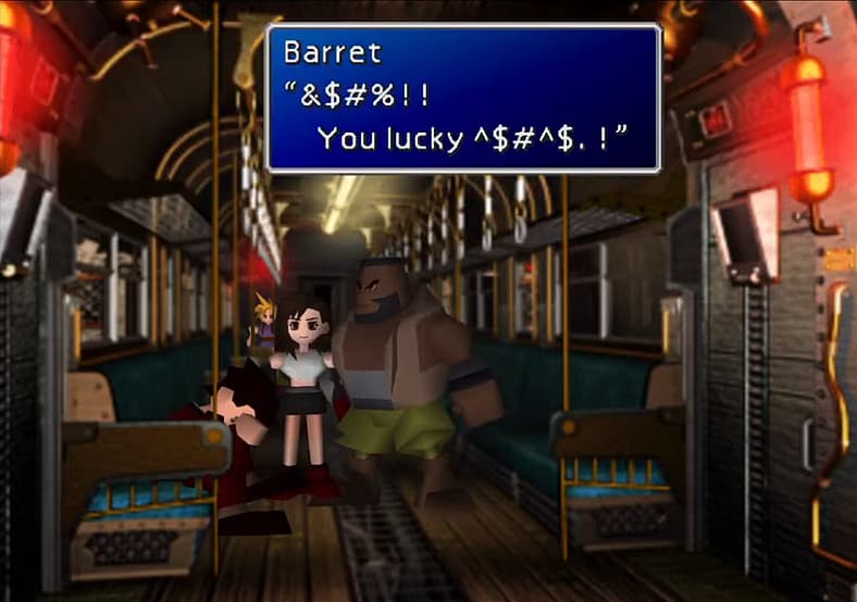 Tifa convinces Barret to spare a Shinra employee in Final Fantasy VII (1997), Square
