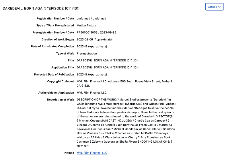 Copyright filing for Daredevil: Born Again Season 1 Episode 1, Marvel Entertainment