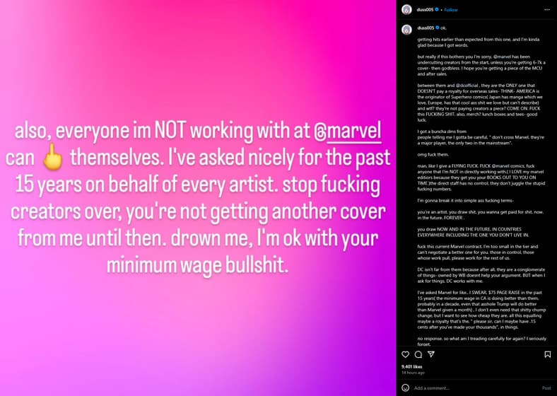 Numerous industry artists pour out to criticize Marvel Comics for financially mistreating its artists.