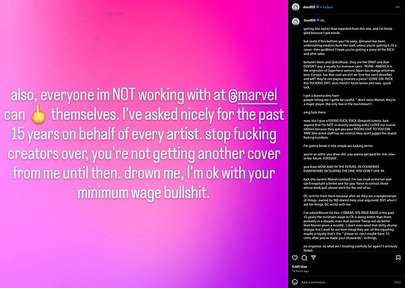 Numerous industry artists pour out to criticize Marvel Comics for financially mistreating its artists.
