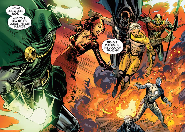 Doctor Doom, the Scarlet Witch, Magneto, Quicksilver, and Doctor Voodoo confront the Superior Iron Man in Avengers & X-Men: AXIS Vol. 1 #1 "New World Disorder: Chapter 3 - Grinding Halt" (2014), Marvel Comics. Words by Rick Remender, art by Jim Cheung, Paul Mounts, and Chris Eliopoulos.