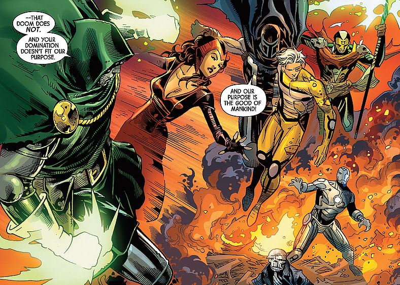 Doctor Doom, the Scarlet Witch, Magneto, Quicksilver, and Doctor Voodoo confront the Superior Iron Man in Avengers & X-Men: AXIS Vol. 1 #1 "New World Disorder: Chapter 3 - Grinding Halt" (2014), Marvel Comics. Words by Rick Remender, art by Jim Cheung, Paul Mounts, and Chris Eliopoulos.