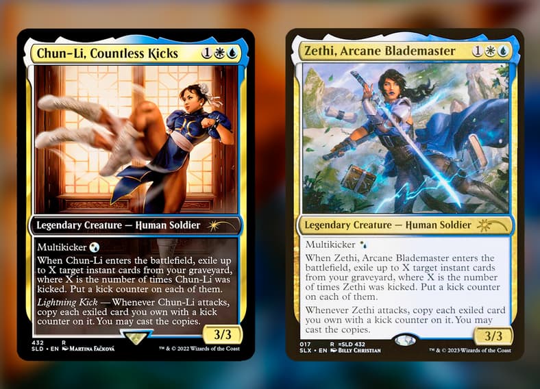 The Martial Arts master unleashes her 
Hyakuretsukyaku via Chun-Li, Countless Kicks (Card #432), Magic: The Gathering Secret Lair Drop - Street Fighter (2022), Wizards of the Coast. Art by Martina Fačková. / Dominara's legendary arcane warrior unleashes her lightning via Zethi, Arcane Blademaster (Card #017), Magic: The Gathering - Universes Within (2023), Wizards of the Coast. Art by Billy Christian.