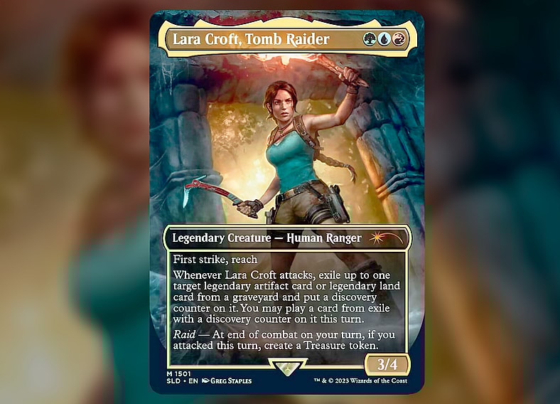 The legend lives up to her nickname via Lara Croft, Tomb Raider (Card #1501), Magic: The Gathering Secret Lair Drop - Tomb Raider (2023), Wizards of the Coast. Art by Greg Staples.