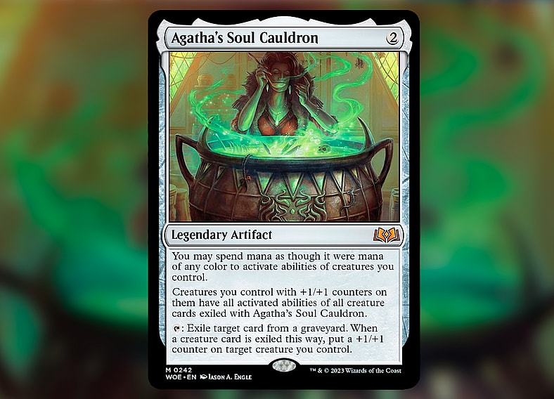 The titular Witch sips her latest brew via Agatha's Soul Cauldron (Card #242), Magic: The Gathering - Wilds of Edraine (2023), Wizards of the Coast. Art by Jason A. Engle.