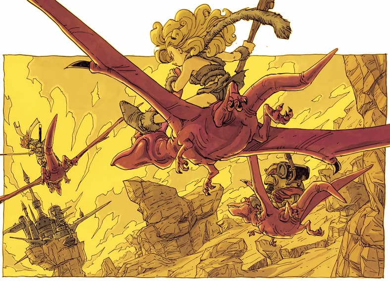 Chrono leads Ayla and Lucca on a charge against the Tyranno Lair in Akira Toriyama's key art for Chrono Trigger (1995), Square